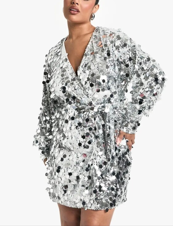 Boohoo Dresses & Skirts - Boohoo Silver Sequin Women's Wrap Dress Party Midi Dress Size US 14